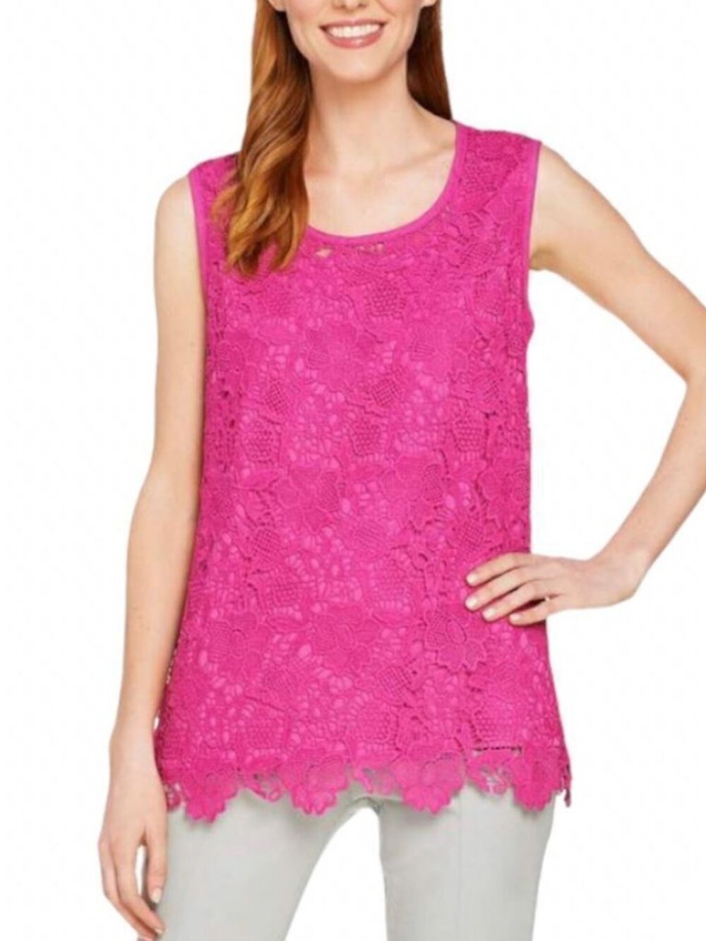 Isaac Mizrahi Live! Scallop Hem Floral Lace Tank Top